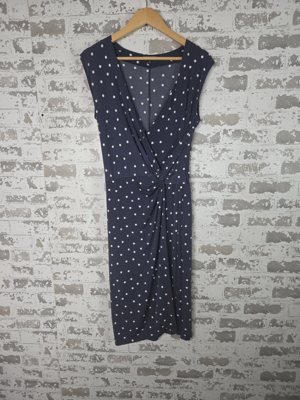 Banana Republic Navy Blue Polka Dot Twist Front Faux Wrap Dress Midi Sz Small